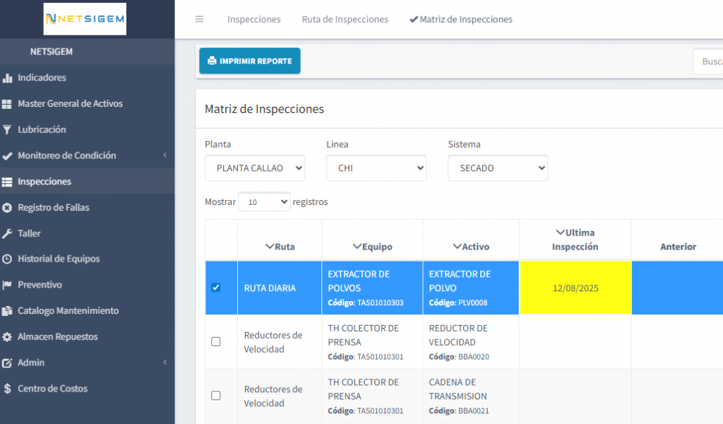 matriz de inspecciones